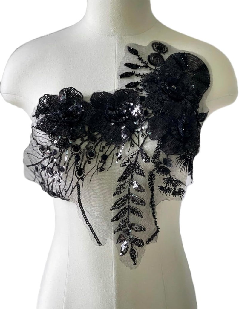 JRYYR Black Sequin Applique Patches, Handmade DIY Sew on 3D Flower Appliques for Clothing,Dresses, Dance Costumes, Bags, Home Decor (Black-A) - Image 1